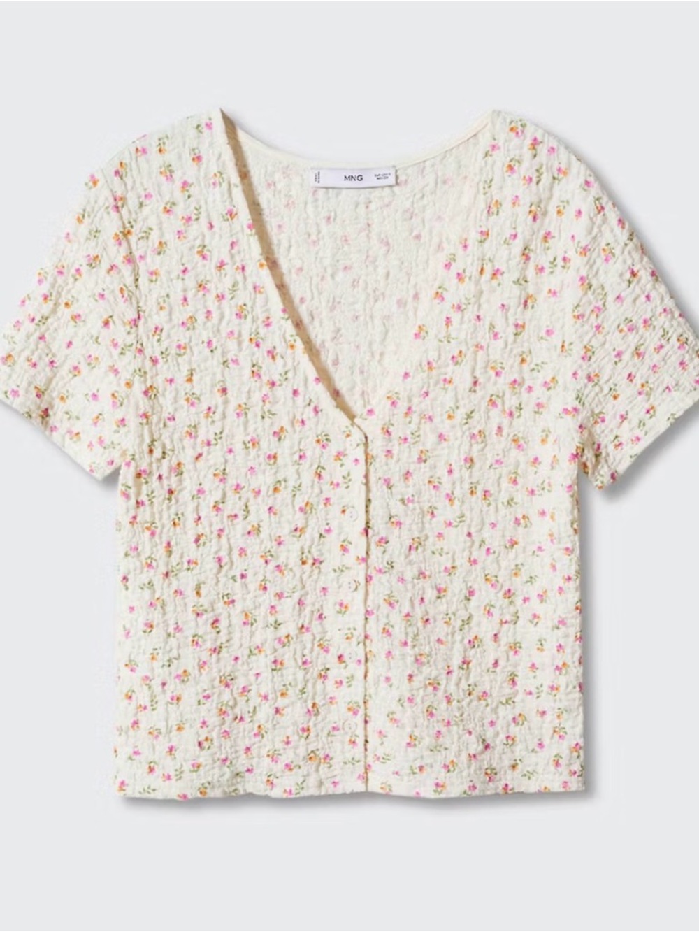 Mango Cream Button-Front Floral Short Sleeve Top